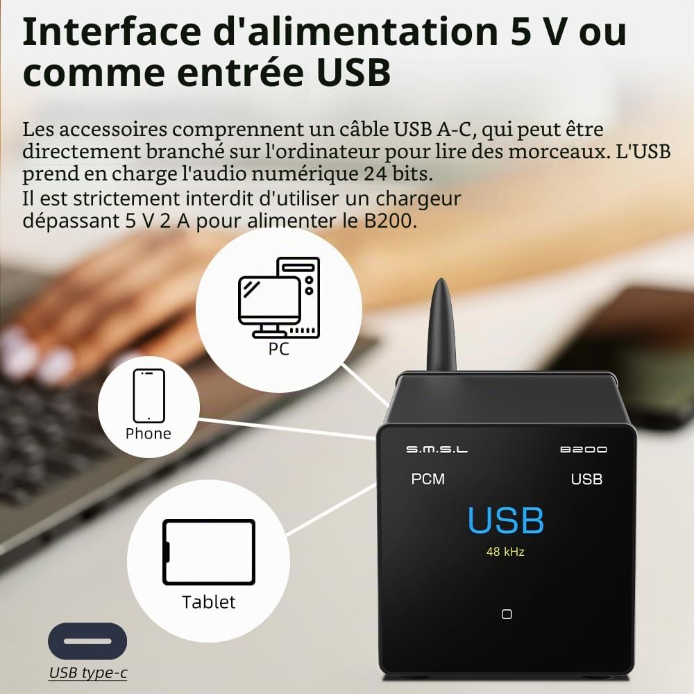 S.M.S.L B200 Hi-Res Digital Audio DAC Bluetooth 5.1/Entrée USB Audiophile Récepteur audio Bluetooth et amplificateur DAC Titre/Affichage d'artiste Écran 2,3" Récepteur audio stéréo Hi-Fi Sortie
