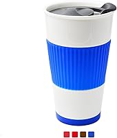 Vista 6 de Taza de café de viaje con aislamiento de doble pared de cerámica con tapa deslizante, funda de silicona y posavasos integrados, 10 onzas líquidas