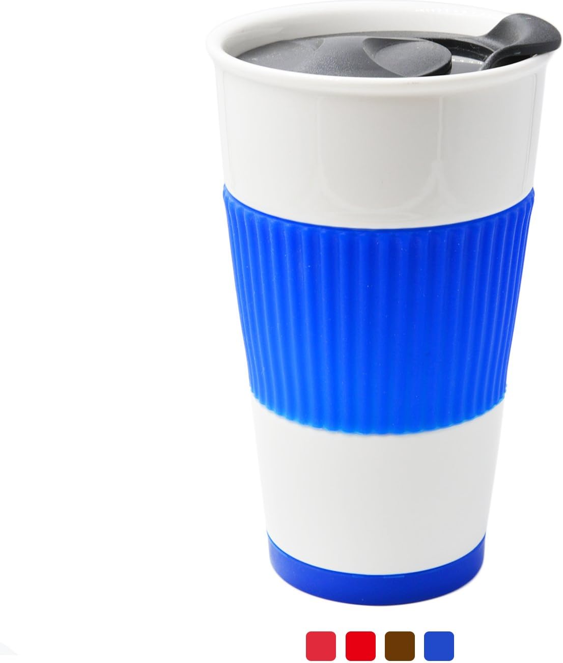 UDMG Ceramic Double Wall Insulated Travel Coffee Cup with Slider Lid, Silicone Sleeve & Built-In Coaster, 10 fl.oz (Blue)