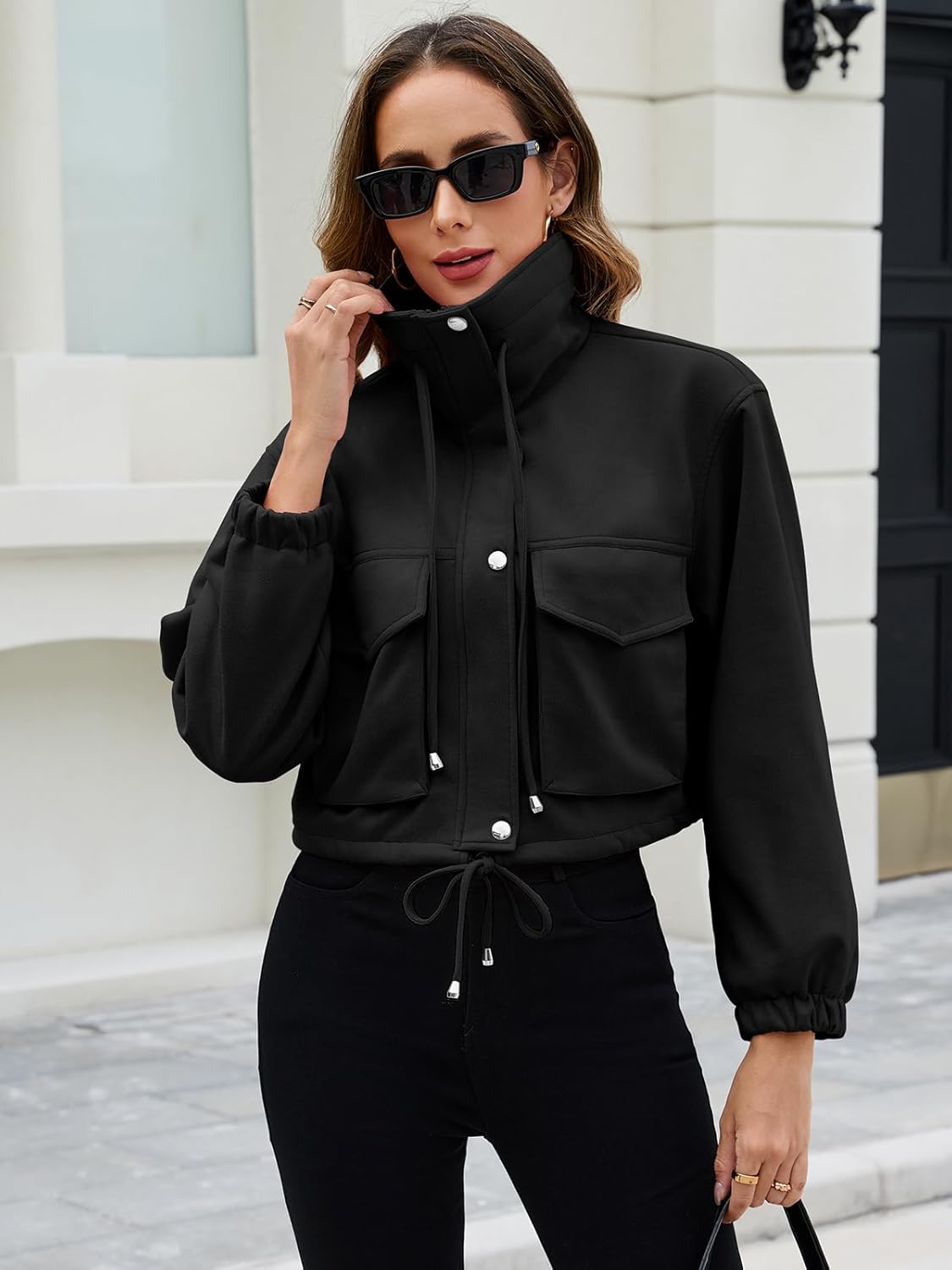 Womens Cropped Jacket Faux Suede Zip Up Oversized Anorak Coats with Pockets Utility Jackets - Image 6