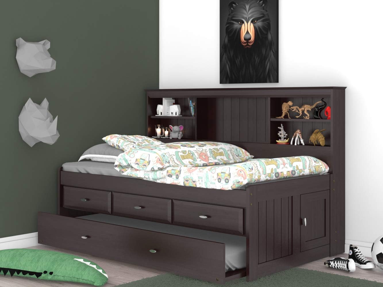 Discovery World Furniture Twin Bookcase Daybed with 3 Drawers and Twin Trundle, Espresso