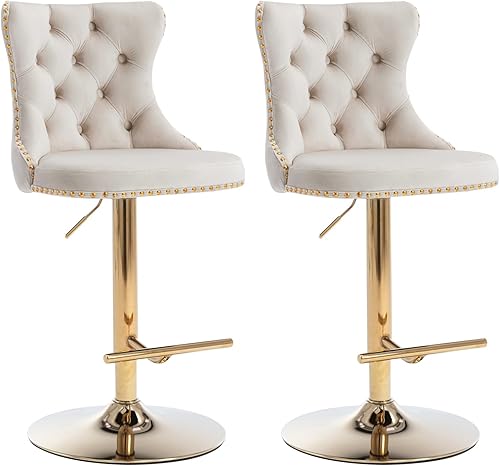 Aoowow Juego de 2 taburetes de bar giratorios ajustables con parte trasera de terciopelo copetudo, sillas de bar modernas tapizadas con cabeza de