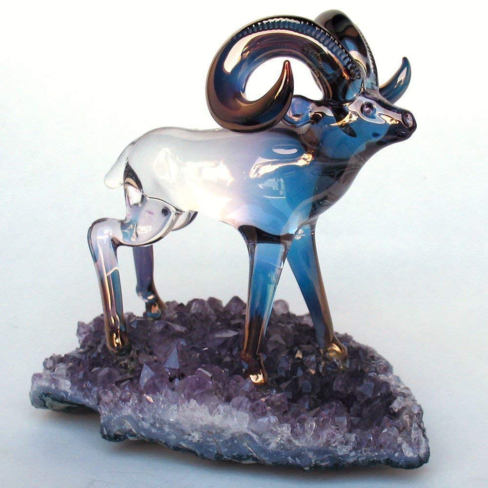 Bighorn Sheep Ram Figurine of Hand Blown Glass on Amethyst Crystals
