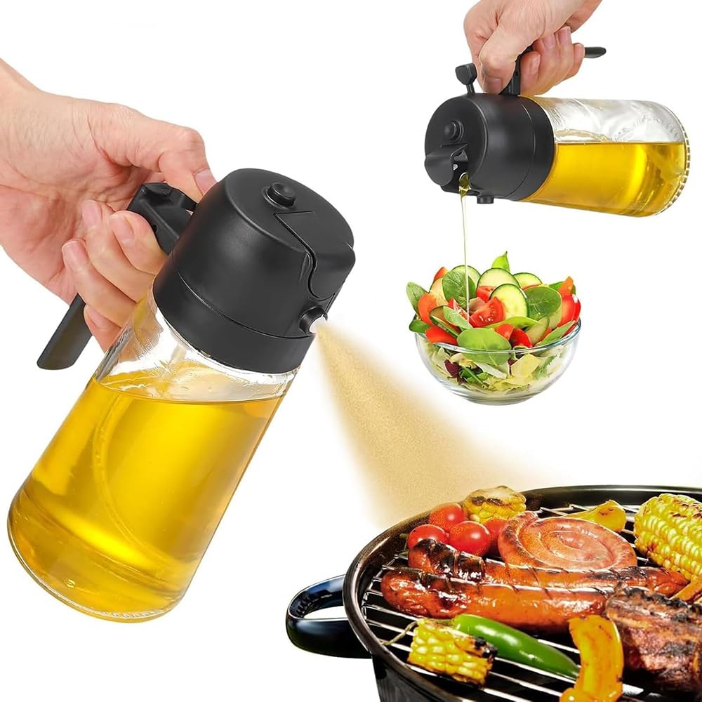 Opryskiwacz do oliwy z oliwek 2 w 1 i szklany dozownik, 470 ml, do frytownicy powietrznej, sałatki, grillowania i gotowania, idealne akcesorium kuchenne do zdrowego gotowania i aromatycznych potraw
