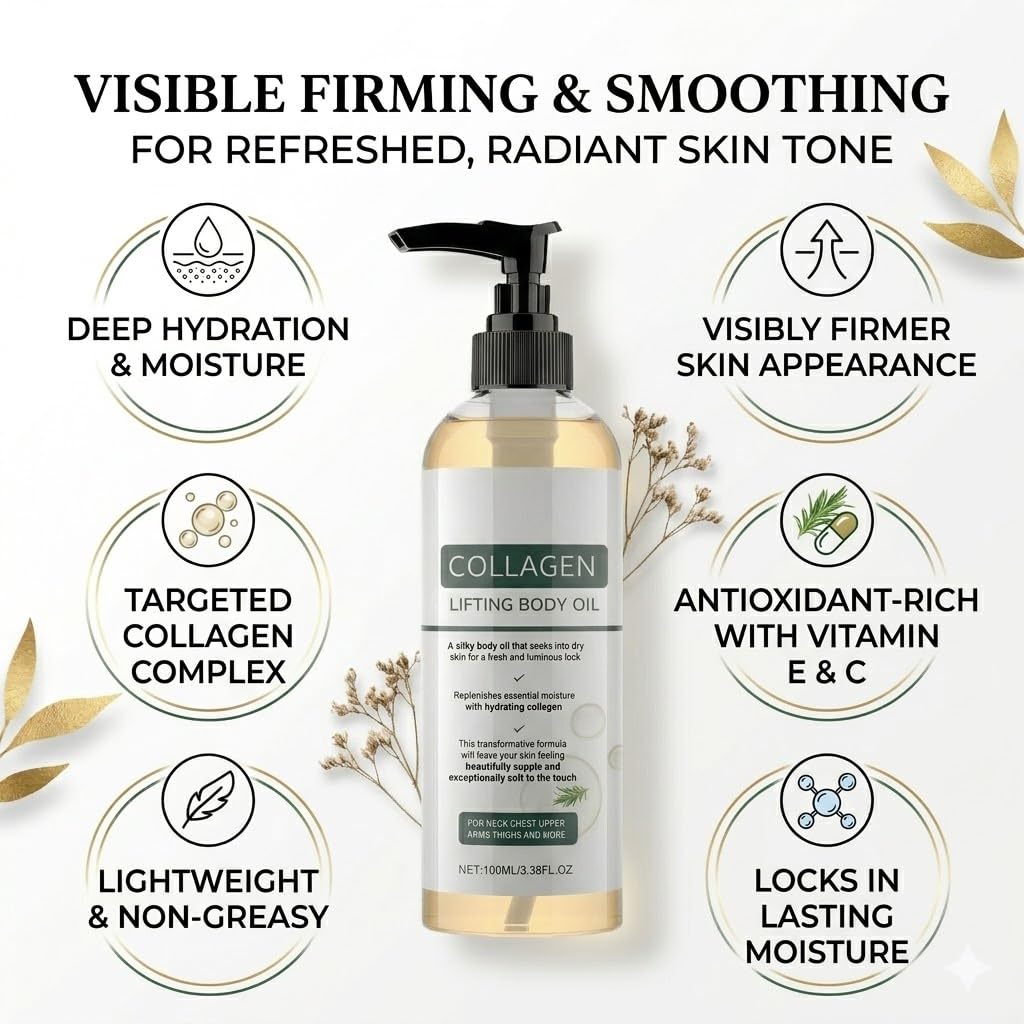 Elycura Collagen Lifting Body Oil for Skin, Hydrating Moisturizing Body Oil for Smoother Firmer Looking Skin, Helps Soften Crepey Skin, Lightweight Non Greasy After Shower Body Care, 3.38 Fl Oz