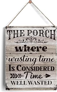 Porch Sign Gifts, Rustic Wooden Hanging Plaque - "The Porch Where Wasting Time" Outdoor Home Decor 8 x 10 Inches
