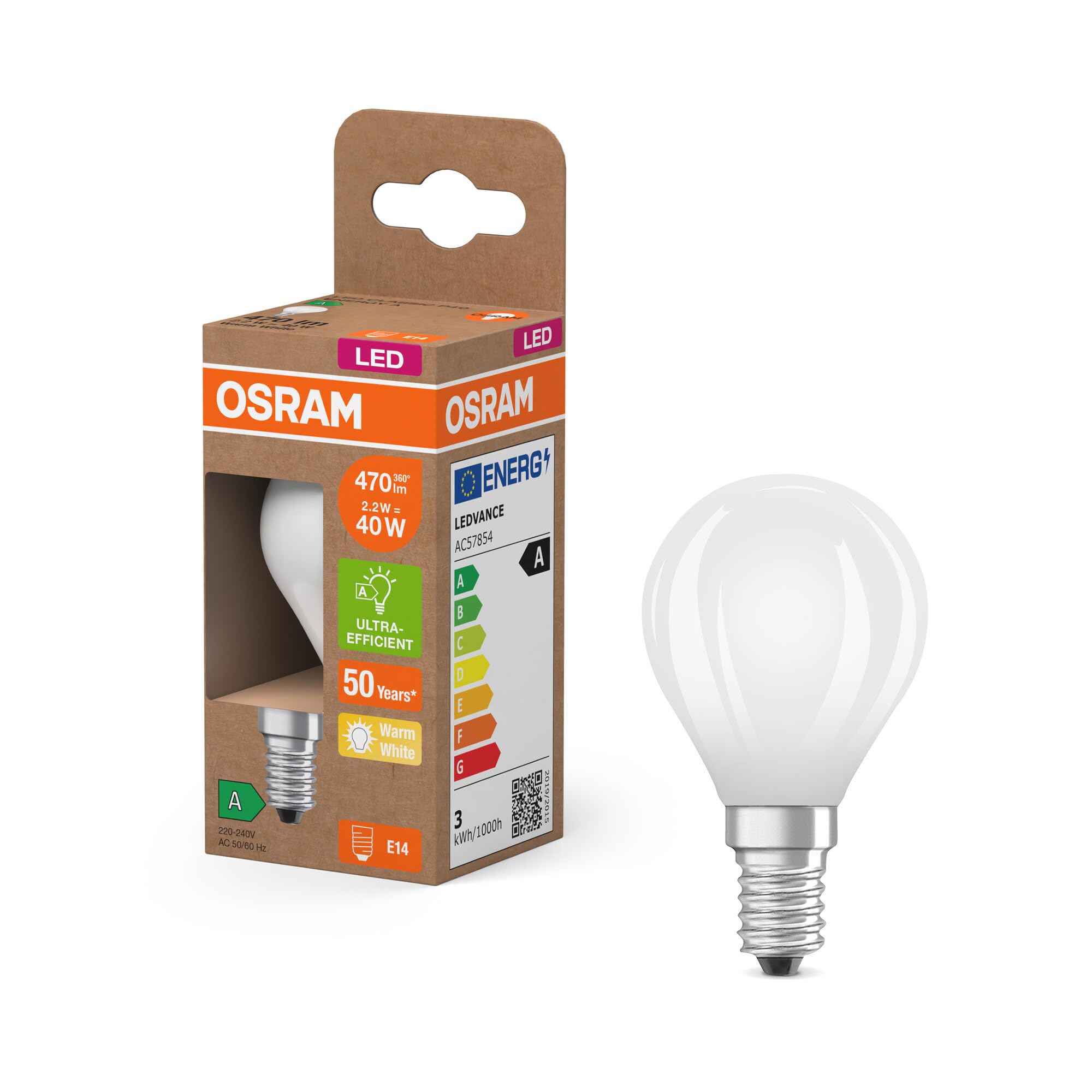 Osram Energy Class LED-Lampe in klassischer Miniballform, 2.2 W / 470 lm, EEK A, warmweißes Licht (2700 K), CRI 80, aus gefrostetem bleifreiem Glas, E14 Sockel, IP20, 45 mm Durchmesser.