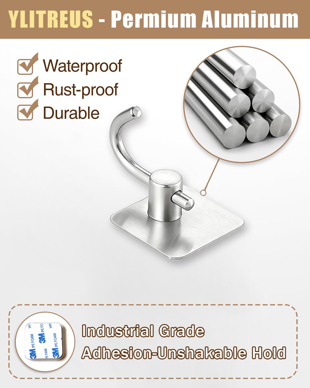 YLITREUS Ganci Adesivi Acciaio Inox 6 Pezzi - Argento Ganci per Accappatoio Senza Forare, Impermeabili e Antiruggine per Bagno e Cucina
