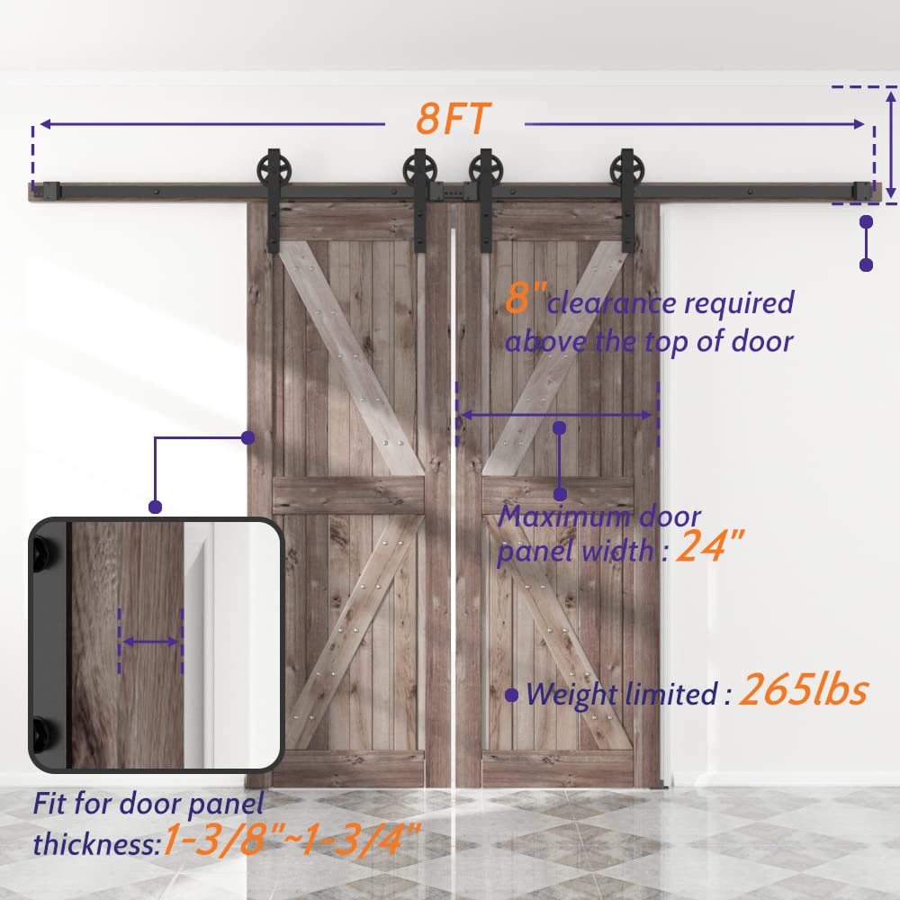 skysen 8FT Double Door Sliding Barn Door Hardware Track Kit Heavy Duty