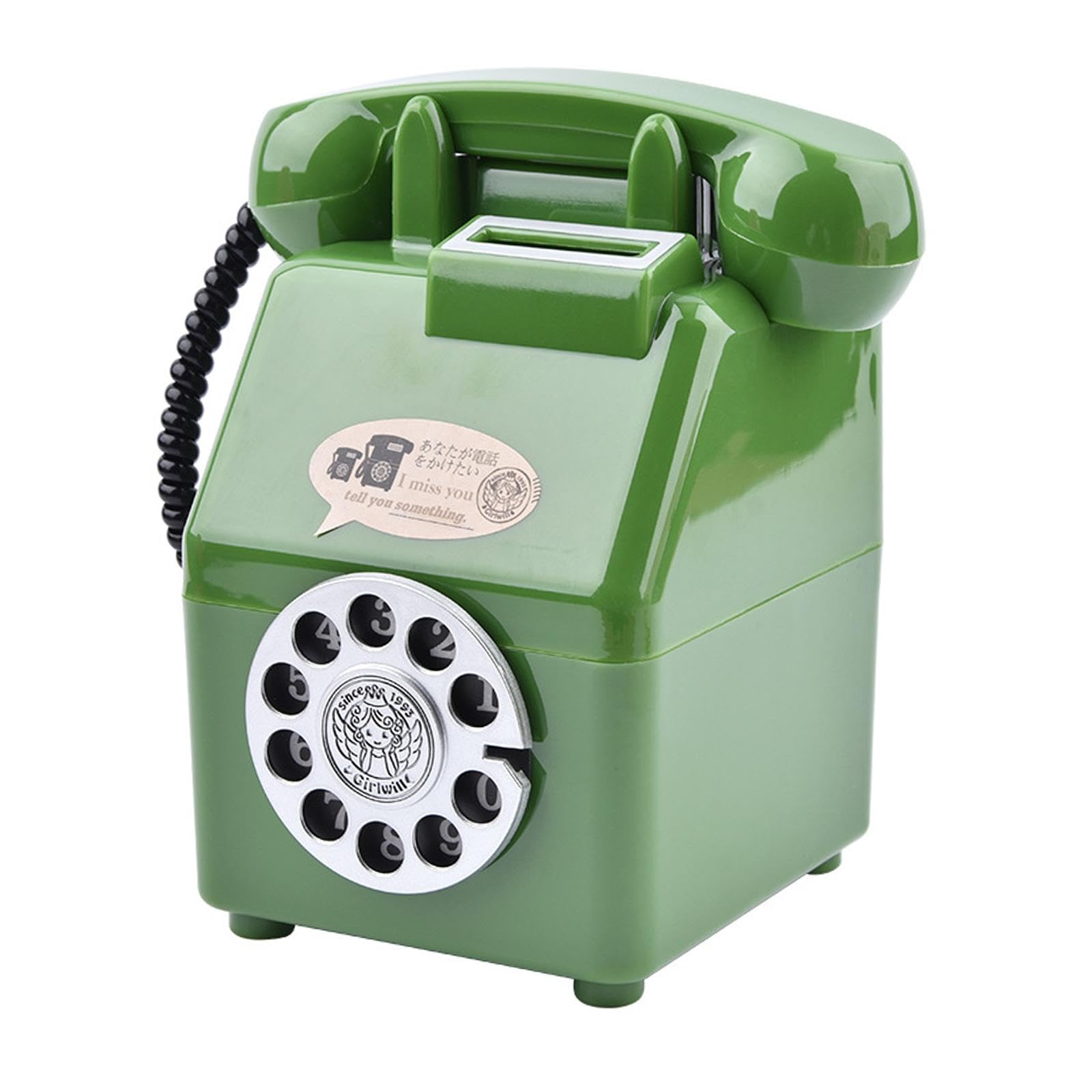BHFZIAP Retro Telephone Piggy Bank Cartoon Money Saving Pot for Office Bedroom Shelf Green, 16x10.5cm