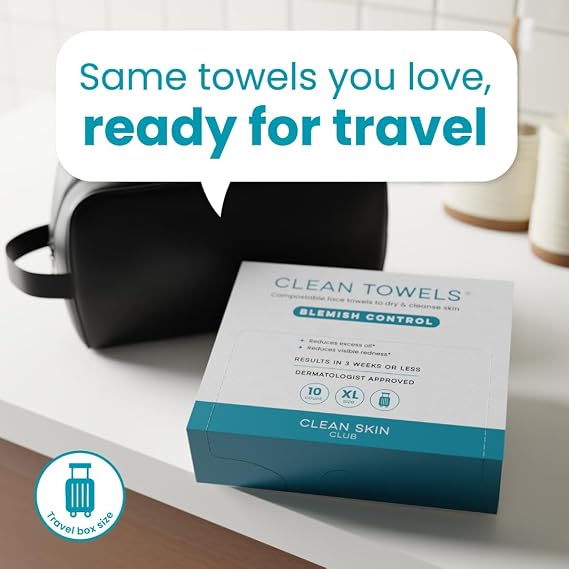Clean Skin Club Blemish Control Clean Towels XL, Travel Pack,Face Towels, Light Exfoliation for Oily Skin, Eczema Association Accepted Face Towel, TSA-Approved Travel Essential (10 Count(Pack of 1))