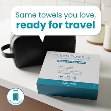 Clean Skin Club Blemish Control Clean Towels XL, Travel Pack,Face Towels, Light Exfoliation for Oily Skin, Eczema Association Accepted Face Towel, TSA-Approved Travel Essential (10 Count(Pack of 1))