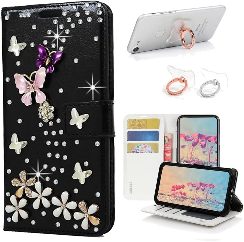 STENES Bling Wallet Phone Case Compatible with LG G8X ThinQ - Stylish - 3D Handmade S-Link Butterfly Floral Design Leather Cover with Ring Stand Holder [2 Pack] - Black