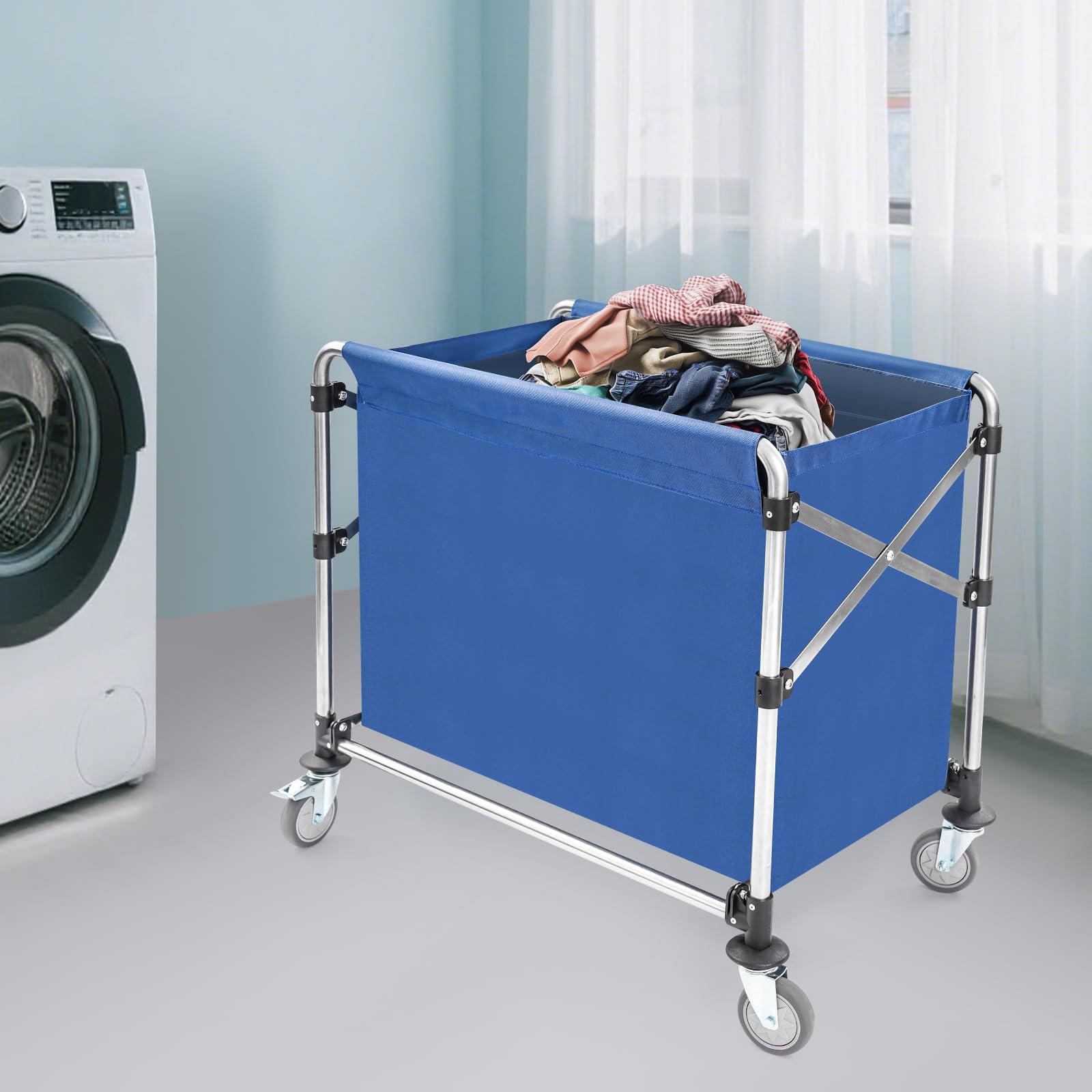 Carro de lavandería con ruedas, de acero inoxidable, carrito de lavandería comercial con bolsa de tela Oxford extraíble, carrito de lavandería plegable, capacidad de carga de 200 kg (azul, 87 x 85 x