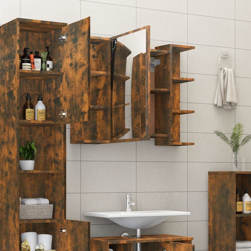 Mueble bajo lavabo para cuarto de baño, roble ahumado, 80 x 20,5 x 64 cm, material de madera con armario con espejo, diseño moderno para invitados y baños pequeños