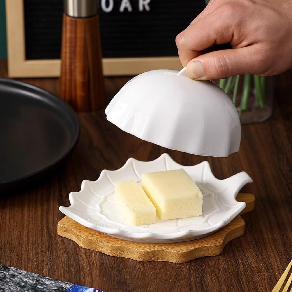 Naczynie z masłem Ceramiczny talerz na masło Kreatywny liść w kształcie zachodniego sera z pokrywką Pudełko Talerz Dim Sum, odpowiedni do hoteli i restauracji(Duży)
