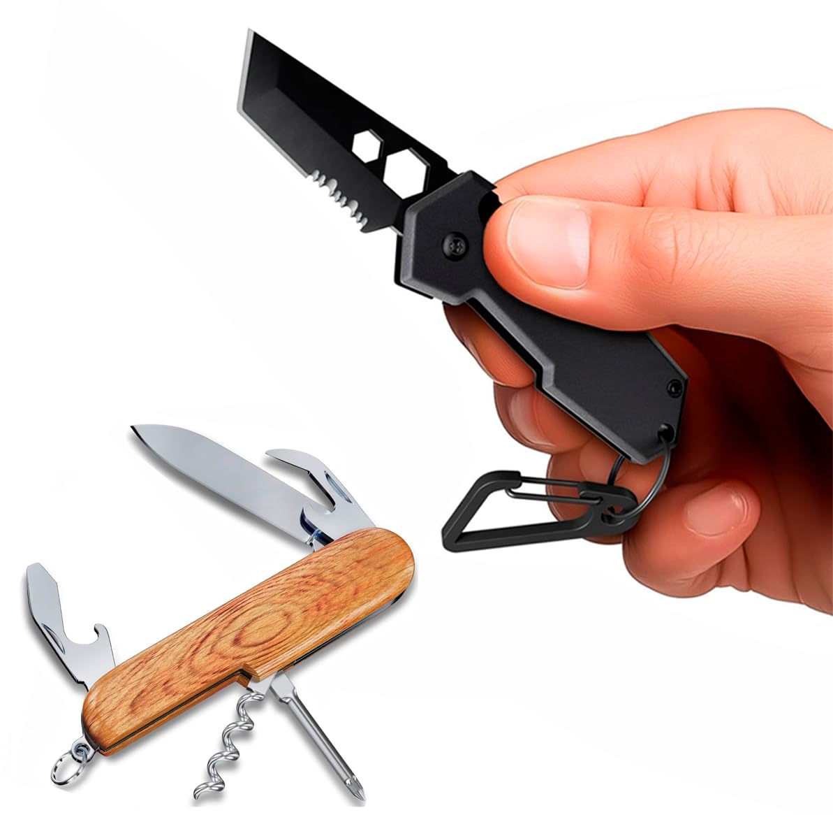Mini Keychain Knife with Carabiner - 2" Tanto Serrated Blade - Black Multitool with Bottle Opener - Box Cutter - Liner Lock - Multi Function Mini Knife - Best Keychain Accessories