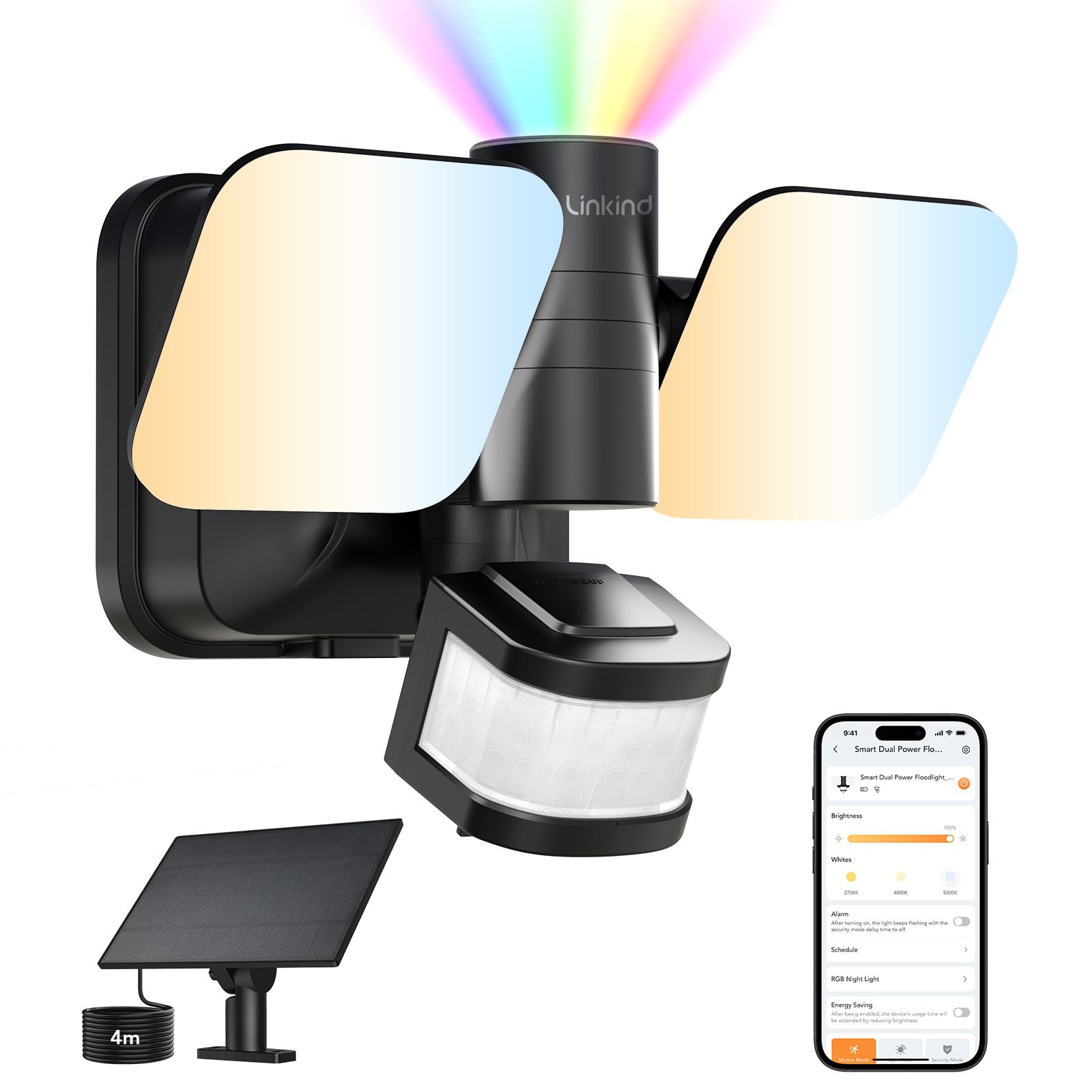 Linkind Smart Hybrid Security Light, Solar & Mains Powered 25W 3000LM LED Outdoor Floodlight, IP65 Outdoor Lights with 240° PIR Motion Sensor, CCT Dimmable, Timer & RGB Night Light