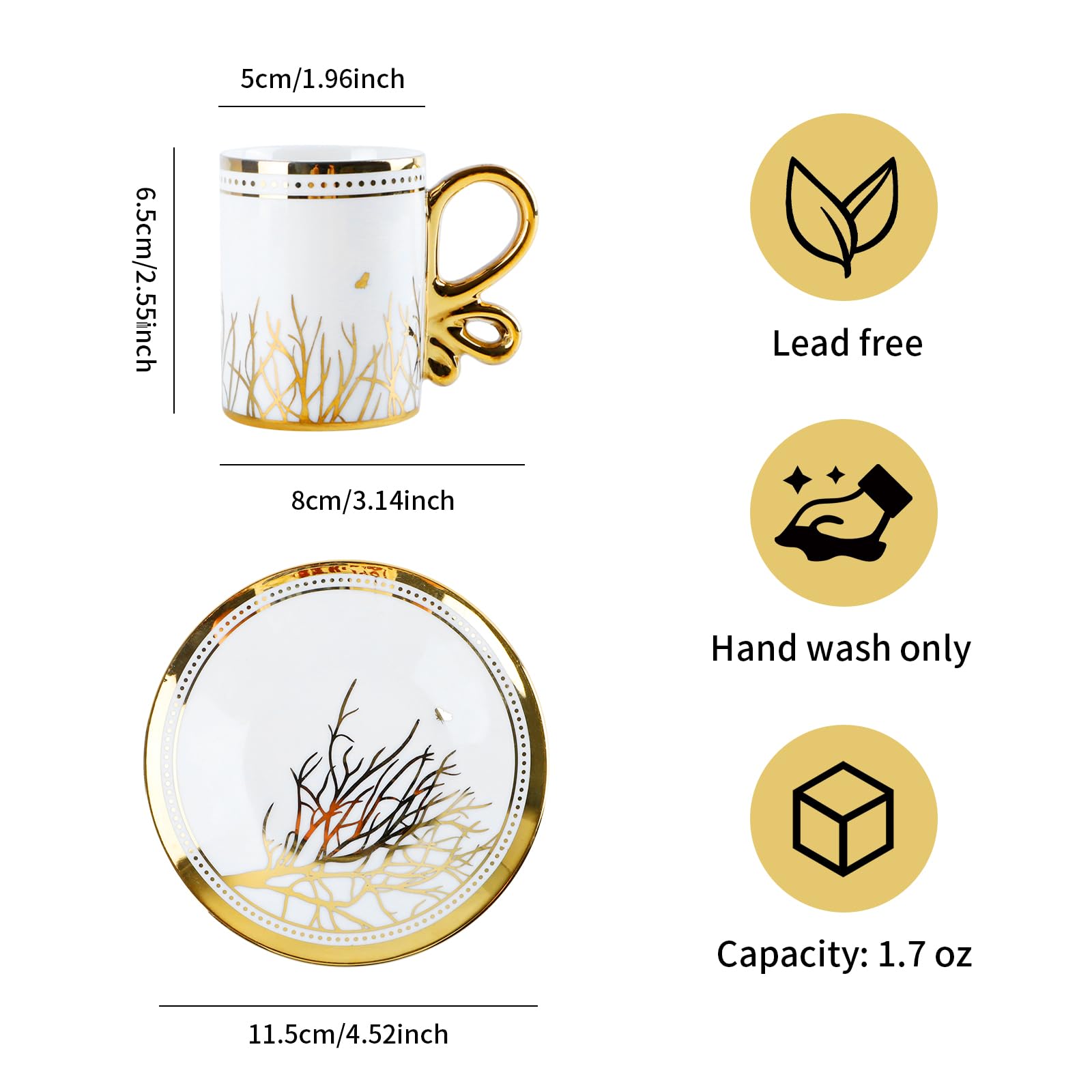 Türkische Kaffeetassen Set,12-teiliges Karaca Kaffeetassen Set, 6 Espressotassen und 6 Untertassen, Karaca Kahve Fincan Seti, Kaffeeservice, Porzellan Tassen, Mokkatassen(Weißgold)