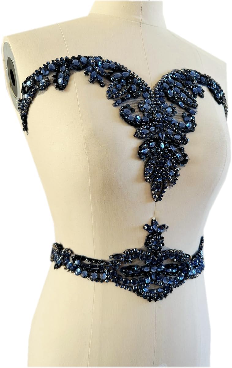 Large Size Pure handsewing Rhinestones Beads Applique for Dress Clothing Neckline and Waist Trim sew on Shining Crystal Sequins lace Patches one Set/Bag (Deepblue)