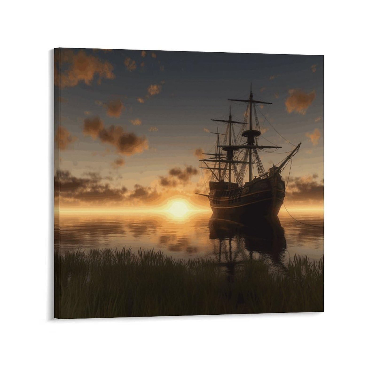Ship in The Lake Sunset Canvas Wall Art for Bedroom 24x24inch(60x60cm) Canvas Prints Artwork for Walls Modern Picture Artwork Painting for Living Room Aesthetic Wall Paintings for Bathroom Kitchen Off