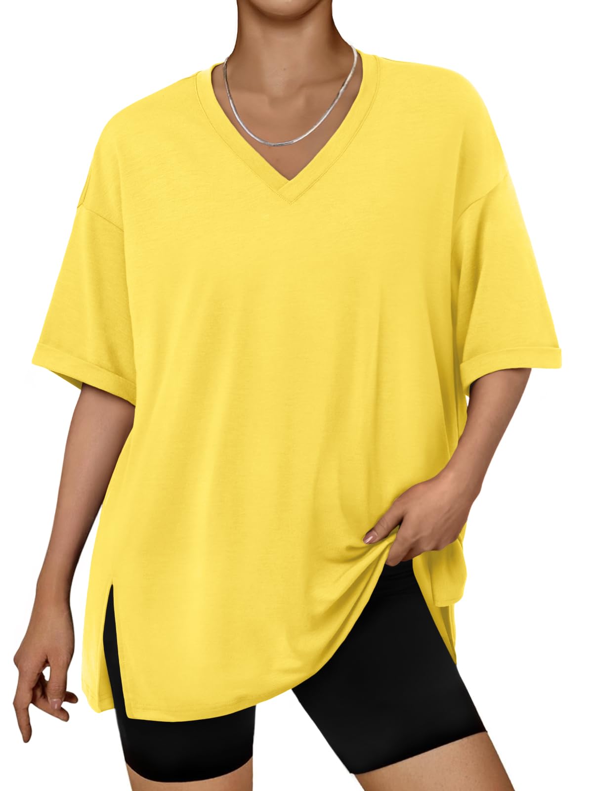 Trendy Queen Oversized Tshirts for Women Workout Plus Size Tops V Neck Short Sleeve Gym Shirts Casual Loose Fit Basic Tees