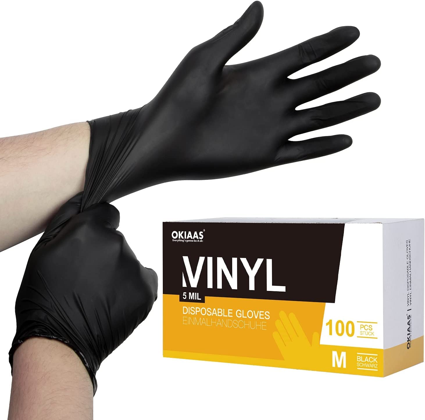 OKIAAS Black Gloves Medium, Vinyl Gloves Latex Free, 5 mil, 100 Count, for Food Prep, Household Cleaning, Hair Dye, Tattoo — image 1