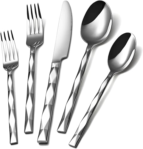 KINGSTONE Juego de cubiertos de lujo de 20 piezas para 4, juego de cubiertos de acero inoxidable 1810 con patrón de corte de diamante para cocina,