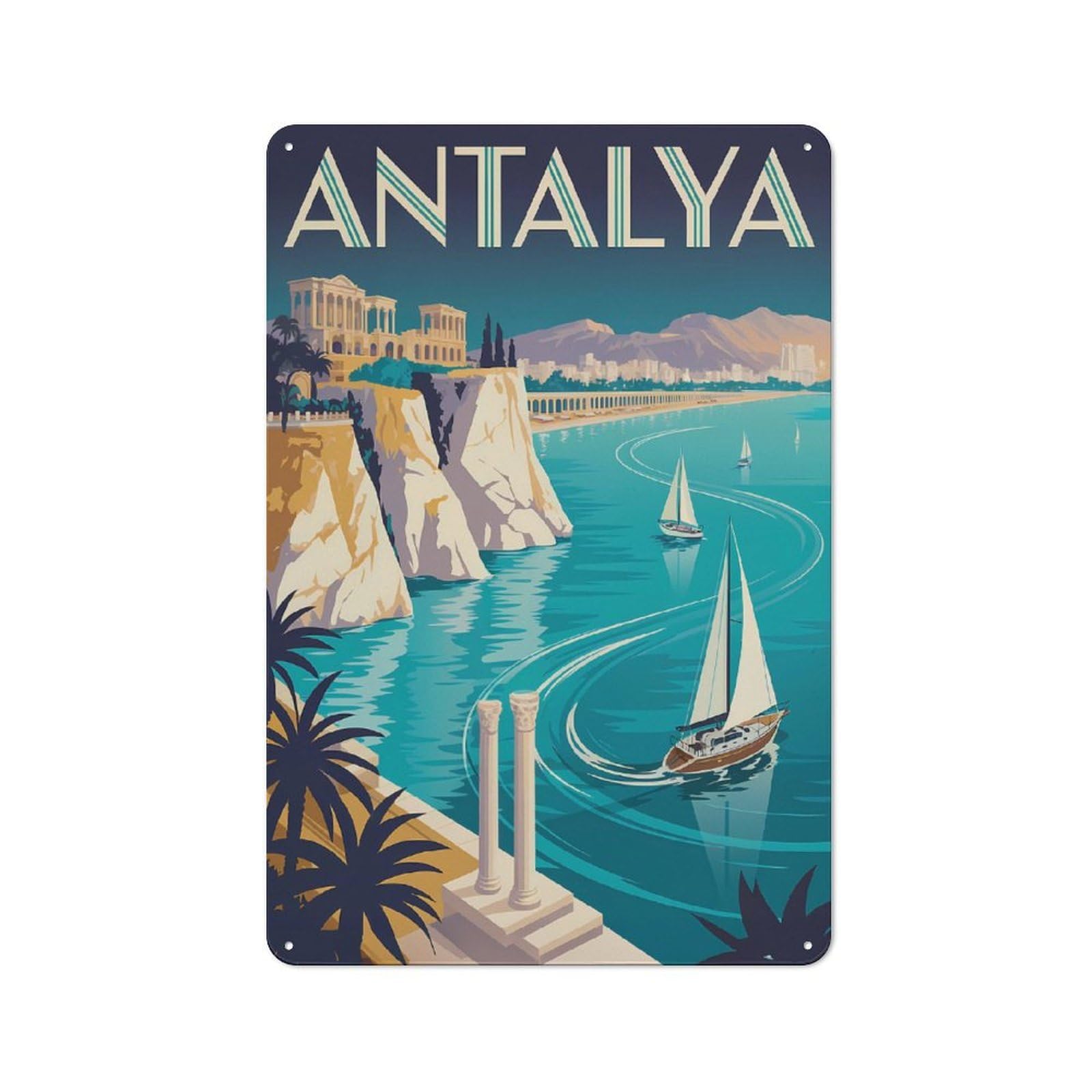 Urban Antalya Travel Decorative Metal Plaque 30x20cm, Urban Room Decor for Flat, Bar, Studio Or Gallery Wall