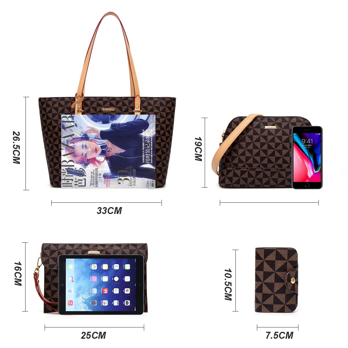 Women Fashion Synthetic Leather Handbags Tote Bag Shoulder Bag Top Handle Satchel Purse Set 4pcs