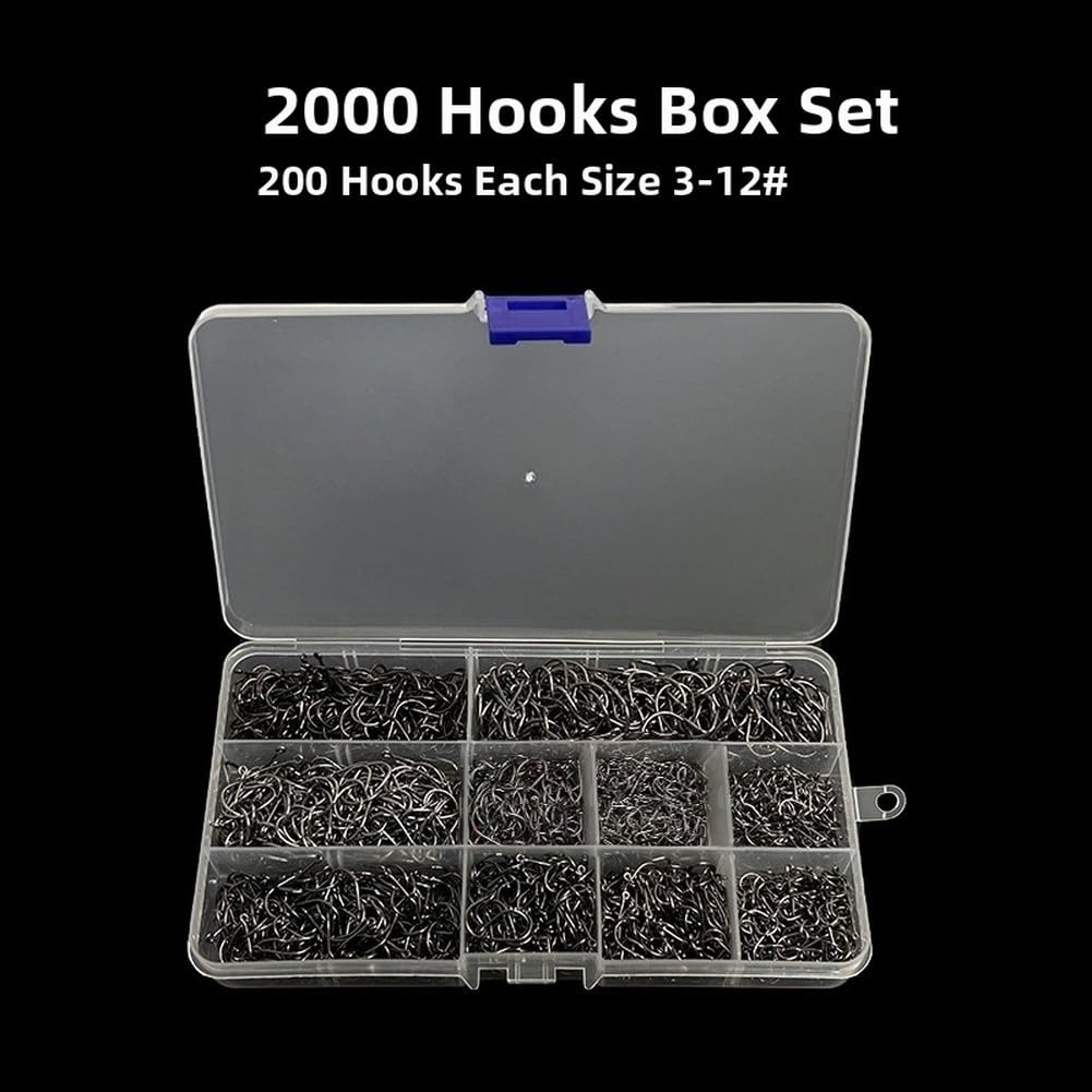 Lot de 1000/2000 hameçons Iseama en acier au carbone noir, taille 3-12 avec ardillon pour pêche en mer
