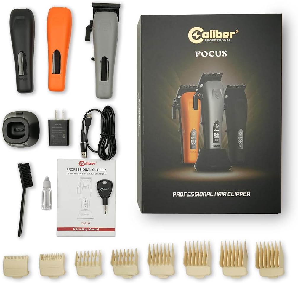 Caliber Pro Focus Hair Clipper, Brushless Motor, 8 Guards, LCD Display, Black & Orange