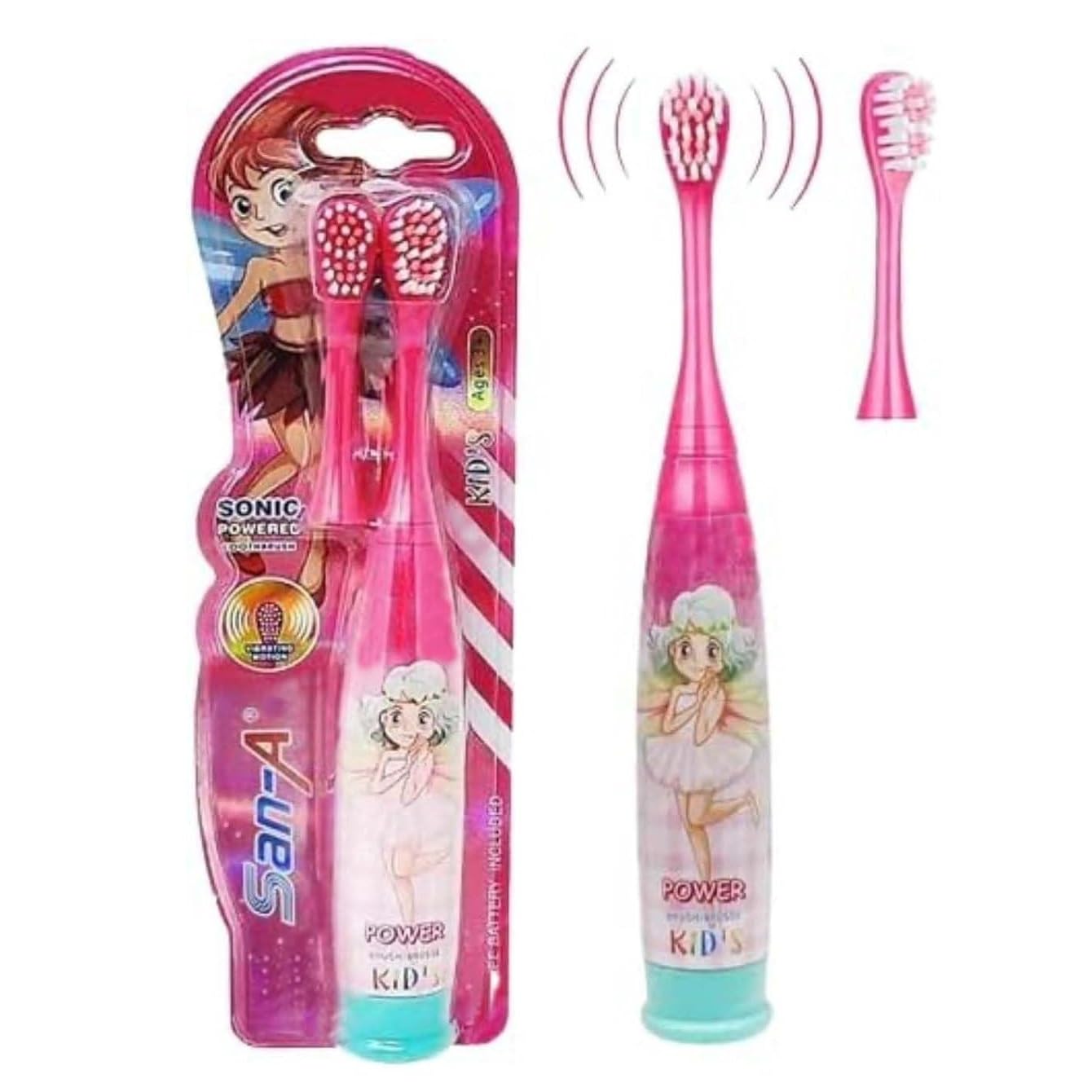 San-A Sonic Power Electric Toothbrush Soft Bristles Battery Powered brush, Kids Battery Tooth Brush with One Extra Vibrating Brush Head for Girl (Pink) (B0D9655S6C) Amazon Price History, Amazon Price Tracker
