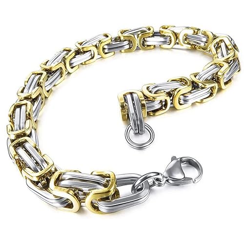 JQWL Flat Byzantine Bracelet 8mm Wide Stainless Steel Punk Cool Link Bracelet Chunky Heavy Chain Fashion Curb Cuban Chain Bracelet for Men Women Water Resistance (Silver&Gold, 8.3inch)