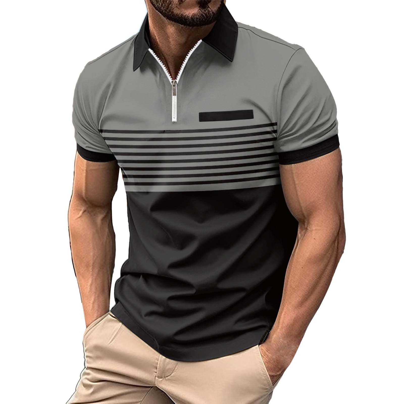 GenericStriped Polo Shirts for Men Casual Short Sleeve Shirt Golf Summer Dry Fit Slim Henley Athletic Performance Band Collar Tops