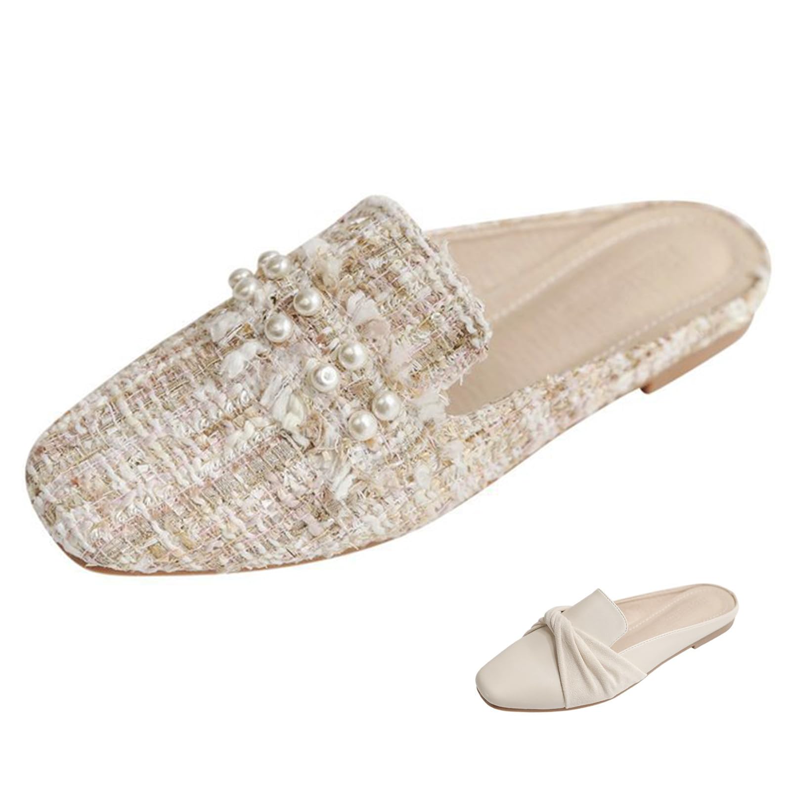 Optigard Women's Pearl Decor Flat Mules Shoes,Comfortable Round Toe Slip On Backless Dress Mule Slide Sandals Ladies Loafers