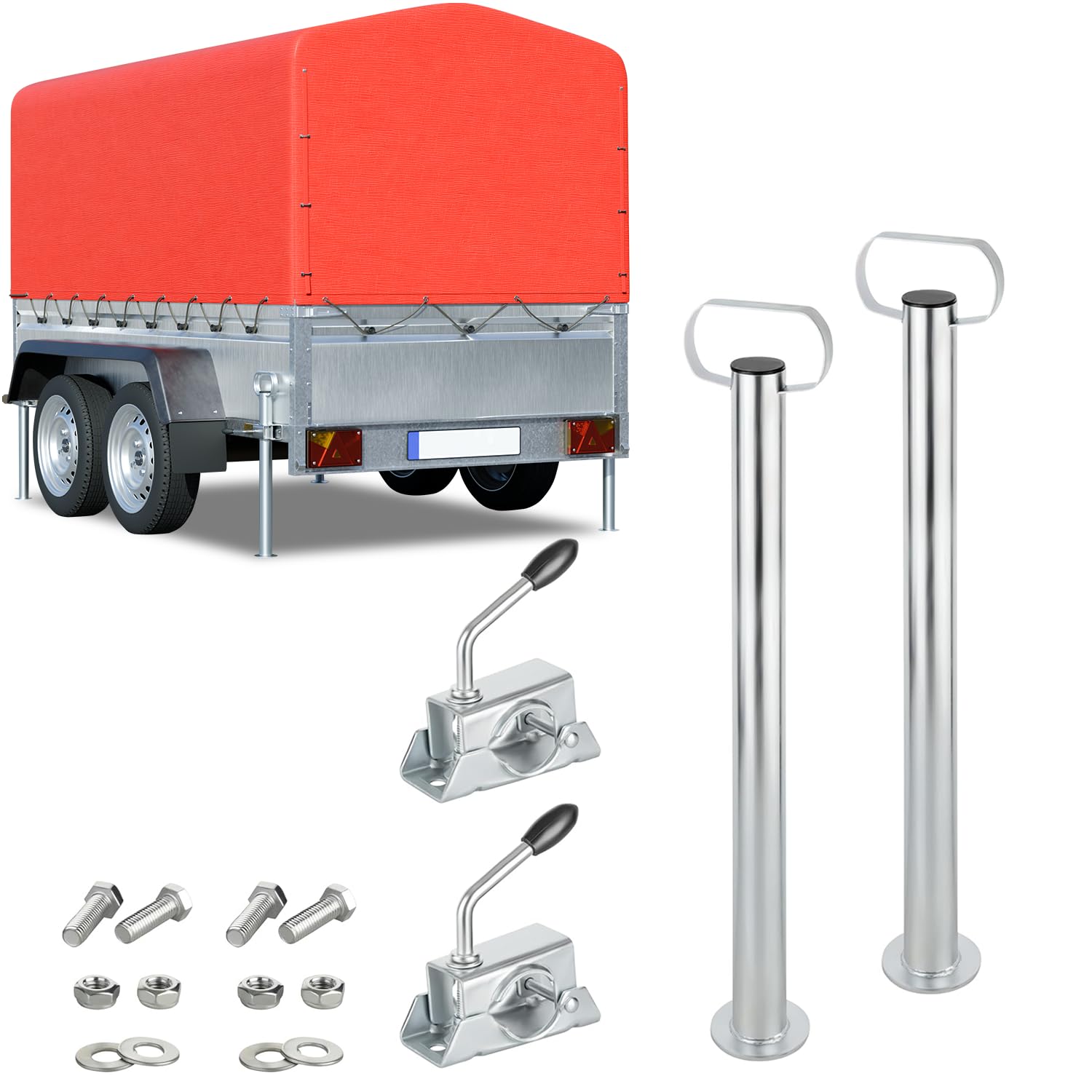 AUTOLIGHT 24 2 x Anhänger Stützen mit Klemmschellen und Schrauben Set Anhängerstützen mit Halterung aus verzinktem Stahl Länge 600mm ⌀48mm