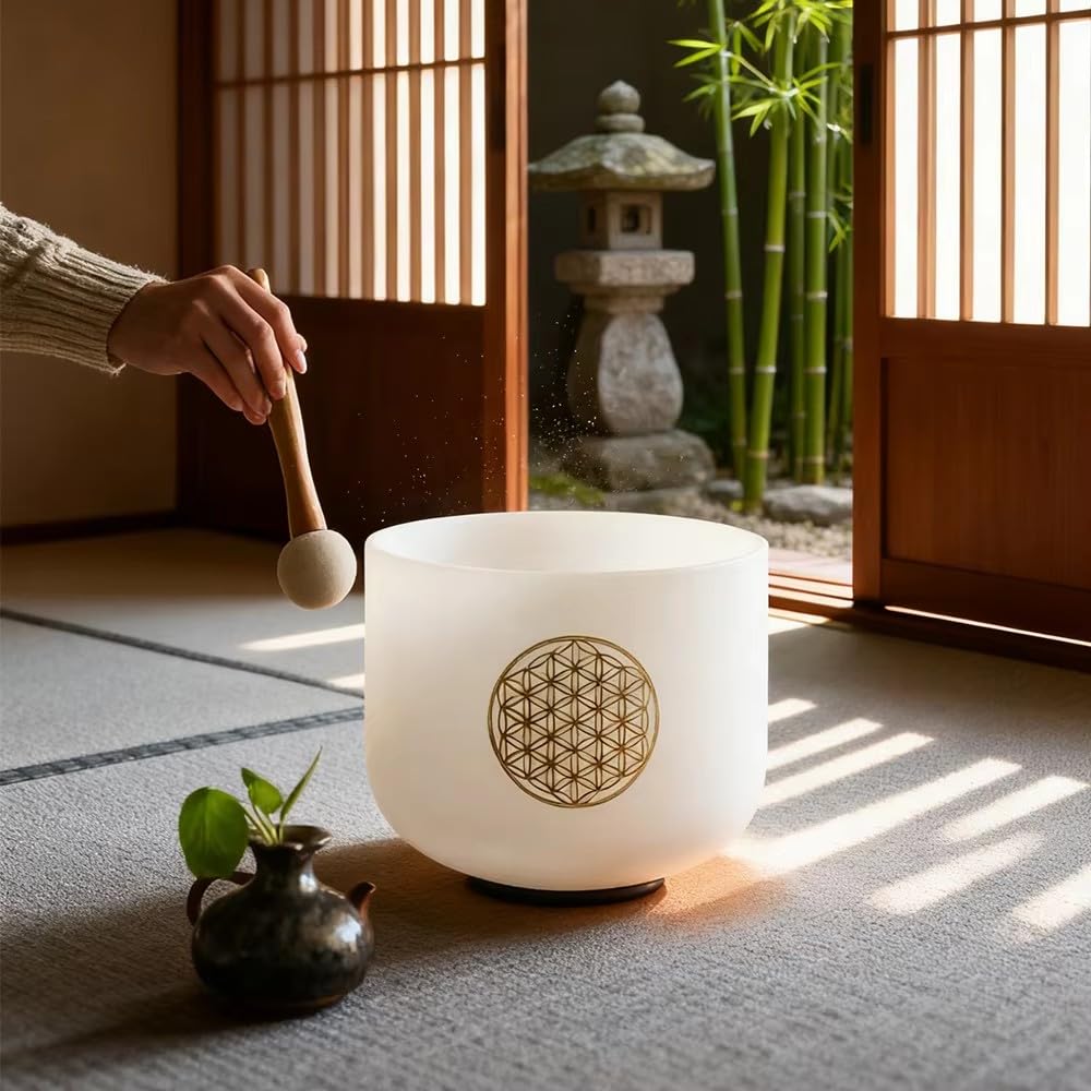Hye-eun Cuenco de cristal de 528 Hz, 20 cm, con flor de la vida, diseño de flor de la vida, para sanación y meditación, cuenco de cristal Life flower