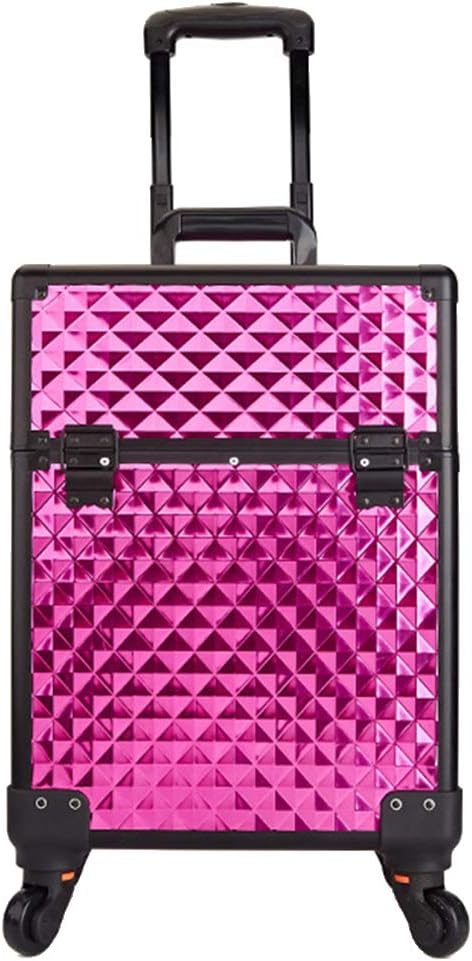 Aluminum Frame Trolley Cosmetic case Diamond Pattern High capacity with 4 Removable Universal Wheels Cosmetic Box,4 (2)