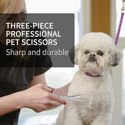 Miniatura 6 de Fenice Peak Juego de 3 tijeras de aseo para perros, tijeras curvadas de adelgazamiento recto, tijeras de acero inoxidable para aseo de mascotas,