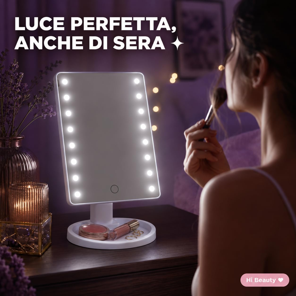 Specchio Trucco LED Rettangolare Inclinabile 180° – Luce Fredda Dimmerabile Touch, Specchio da Tavolo con Base Porta Accessori – 26,5 x 17 x 12 cm – Bianco