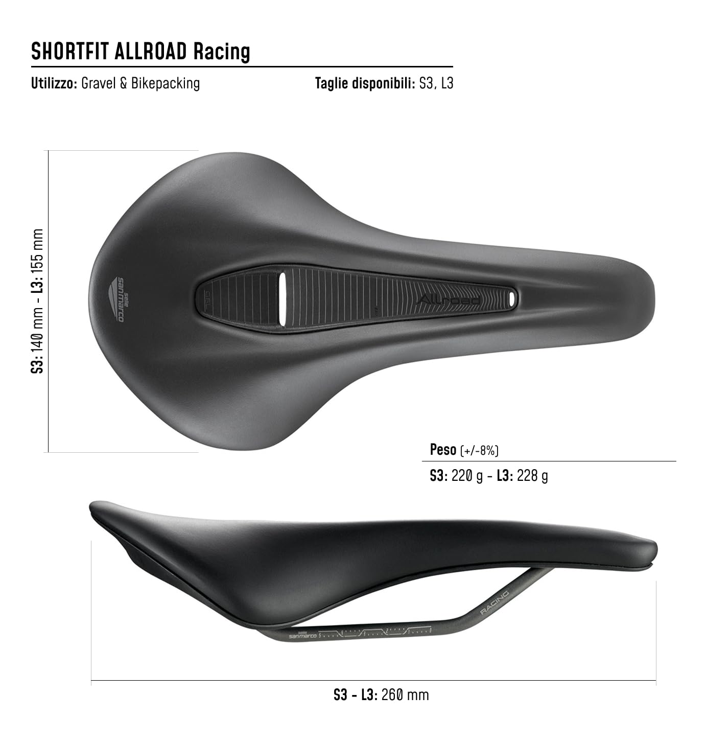 Selle San Marco SHORTFIT ALLROAD Racing - Sella Bici Gravel e All-Road, Performance Leggera, Binari Xsilite, Corta Ergonomica