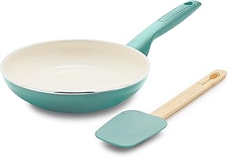 Rio Healthy Ceramic Nonstick 8" Frying Pan Skillet and Silicone Spatula Set, Soft Grip Handle, Breaktfast Meal Set, PFAS-Free, Dishwasher Safe, Oven Safe, Turquoise