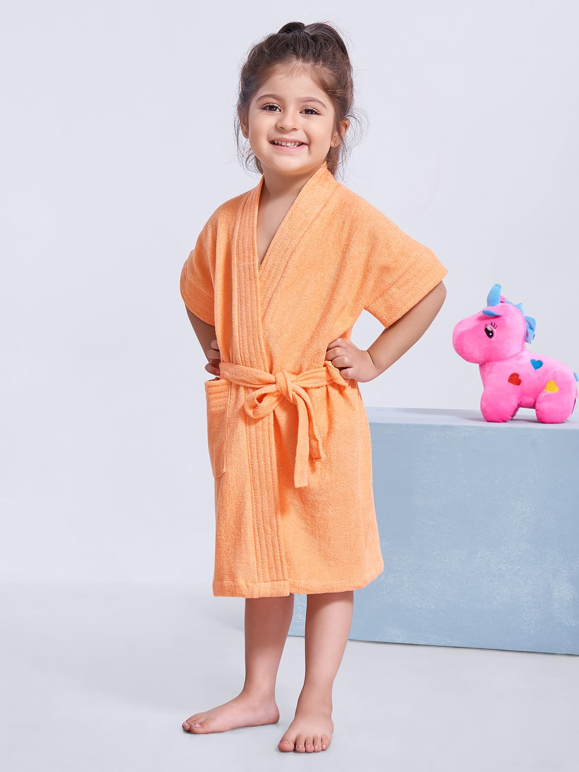 SAND DUNE Kids Girl Bathrobe | Terry Cotton Shower Gown | Half Sleeve Knee Length Kids Girl Bath Robes | Pocket with Waist belt | Peach Bathrobe | 12-24 Months Kid 2