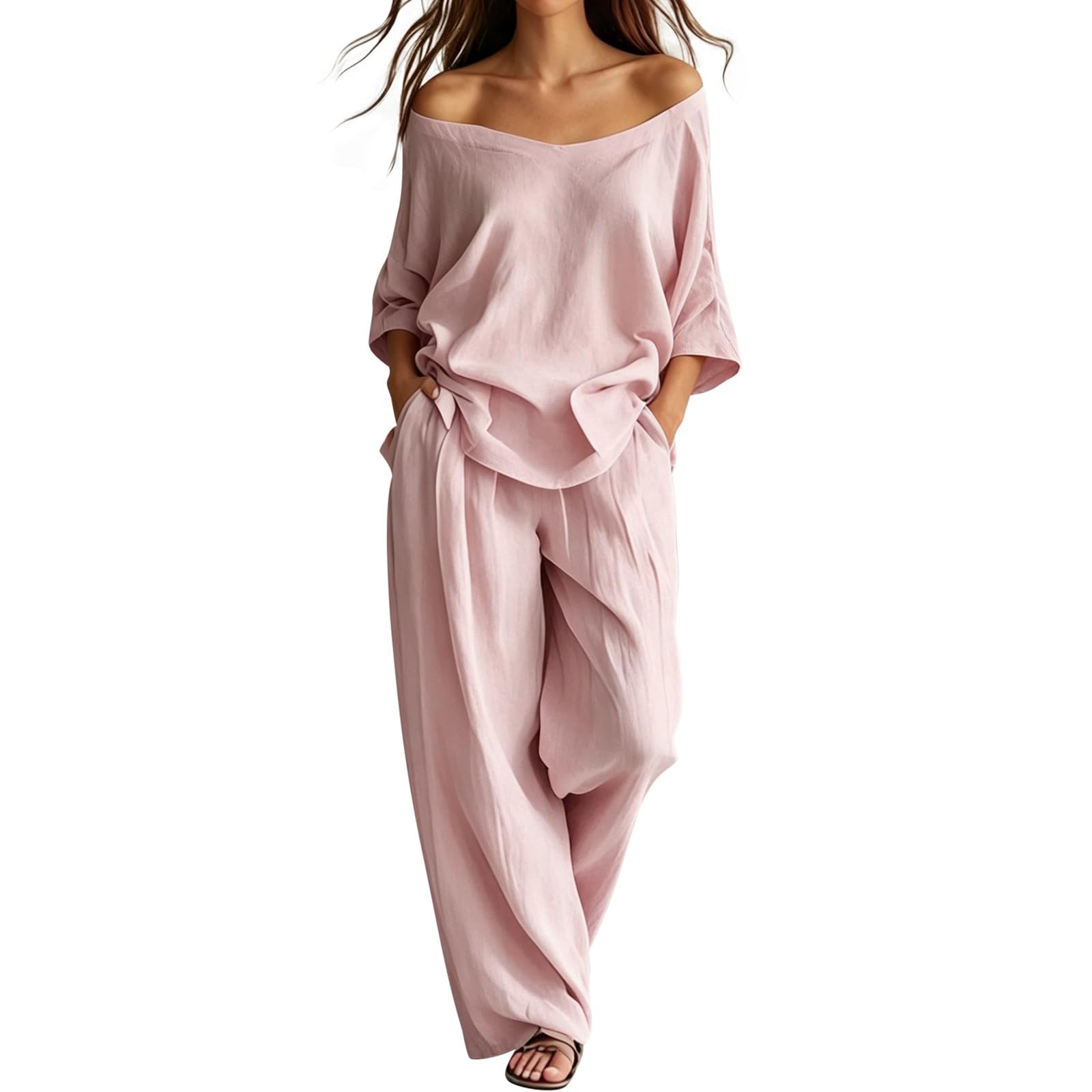 Generico 2026 Tuta top maniche corte vestibilità ampia e pantaloni gamba larga, completo elegante per viaggio e tempo libero donna.