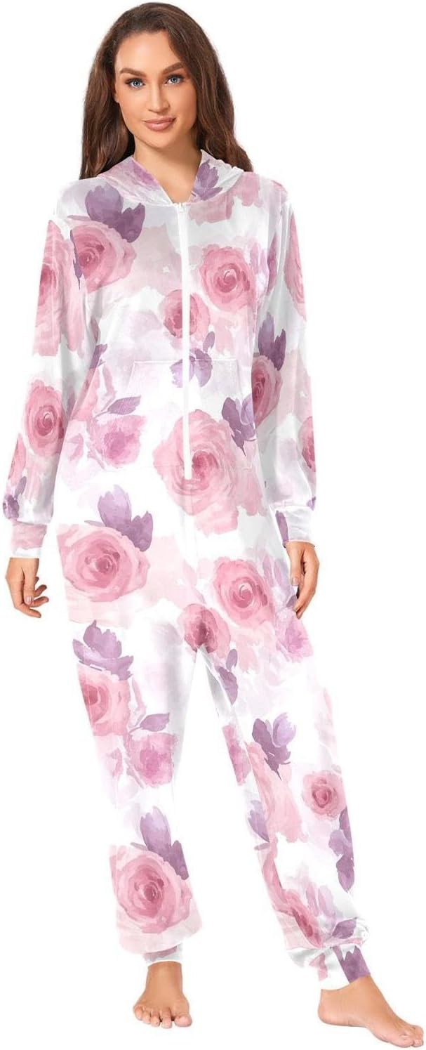 ZZKKO Watercolor Ombre Pink Flower Adult Onesie Pajamas for Women Men Cozy One Piece Pajamas Costume Zip-Up Hooded S-XL