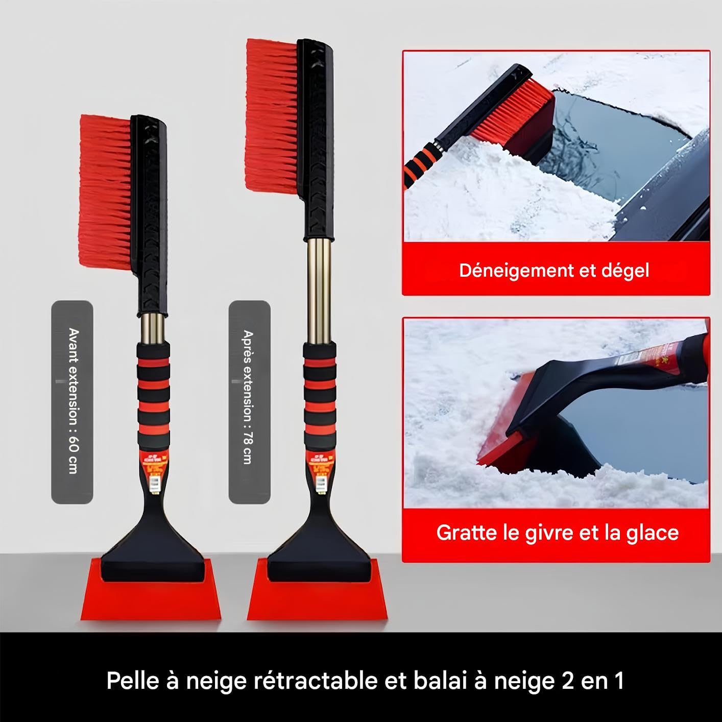 Rascador de Nieve para Automóvil Empuñadura Ergonómica de Espuma Extensible | Cepillo Quitanieves Con Doble Cabeza Y Pala De Hielo para Parabrisas SUV Camión Sedán Autocaravana Clima Frío Limpieza