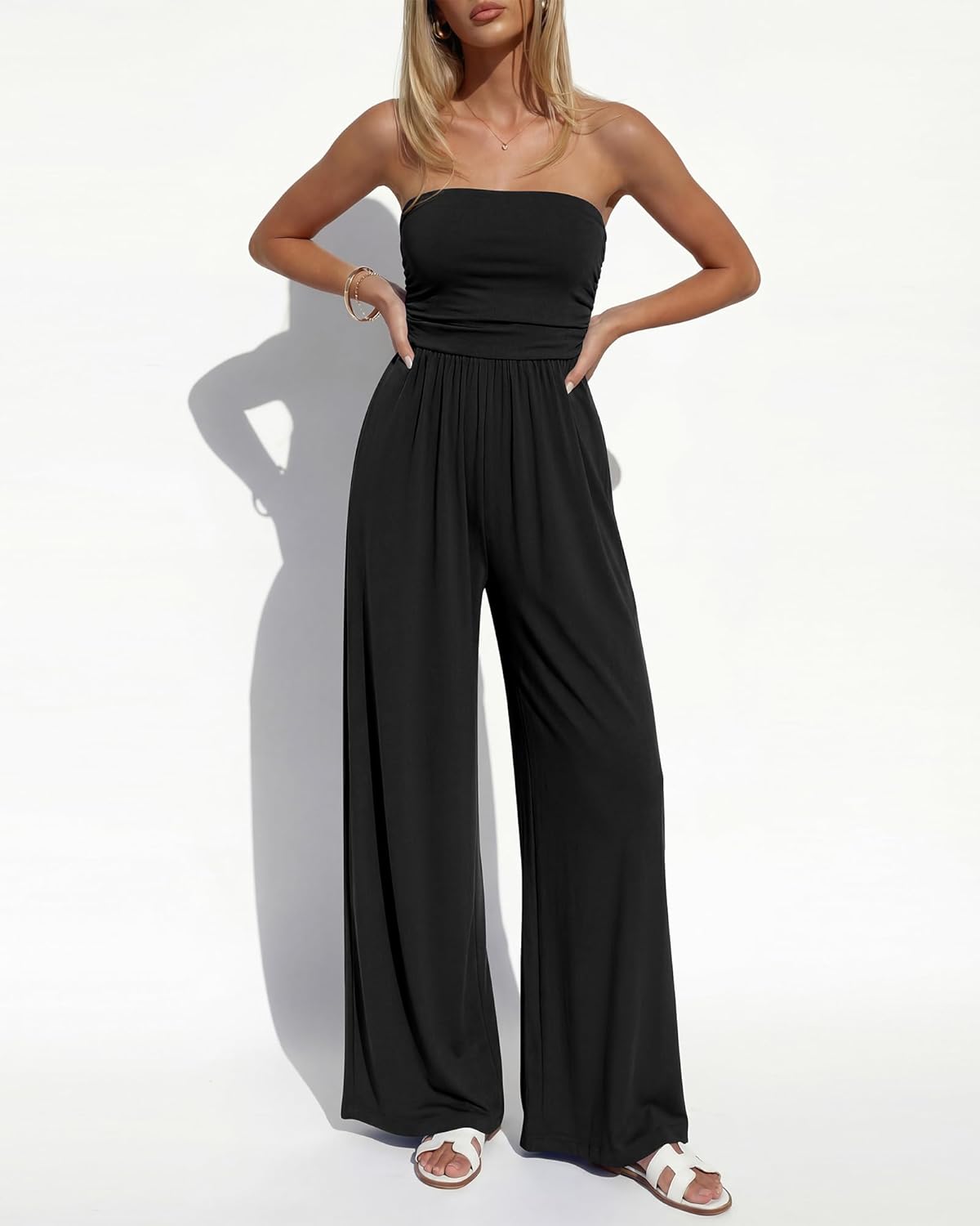 BTFBM Jumpsuits For Women Summer 2026 Beach Vacation Strapless Tube Top Jumpsuit Ruched Casual Wide Leg Pant Rompers - Image 7