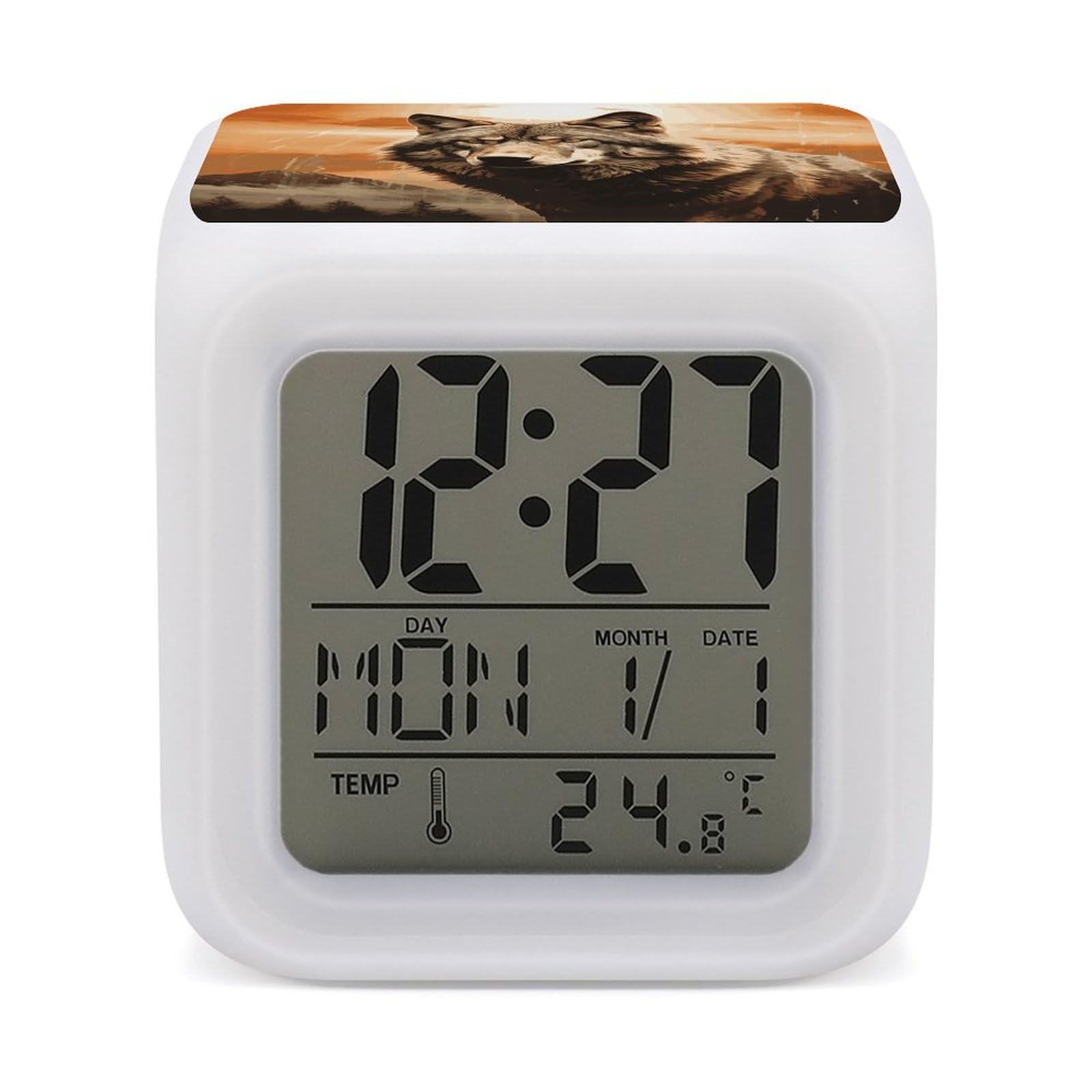 JTREHY 7 Color Changing LED Digital Alarm Clock,Wolf in The Sun Printed Wake-up Clock with Temperature Display Home Decoration Alarm Clock for Bedroom Office