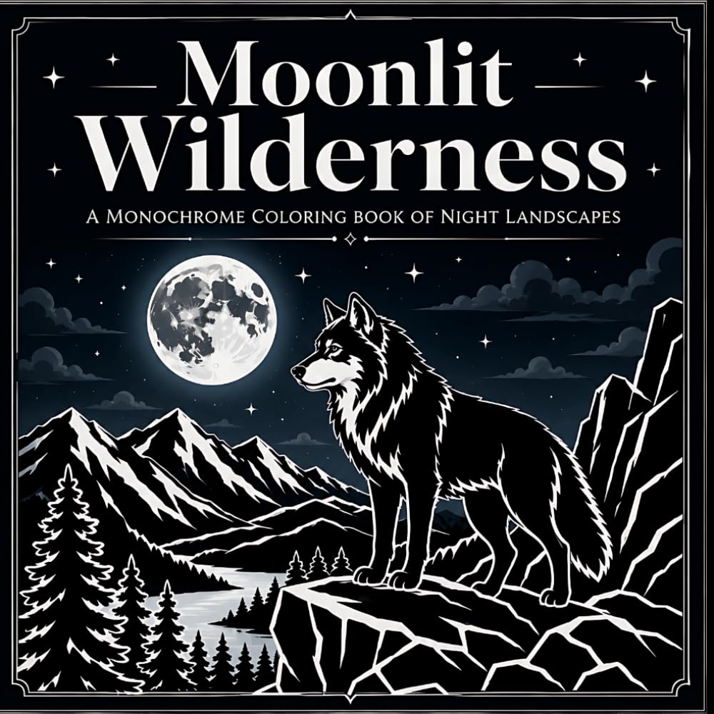 Moonlit Wilderness: A Monochrome Coloring Book of Night Landscapes with Mountains, Forests, Lakes, Cabins, and Night Skies (30 Page Studio)